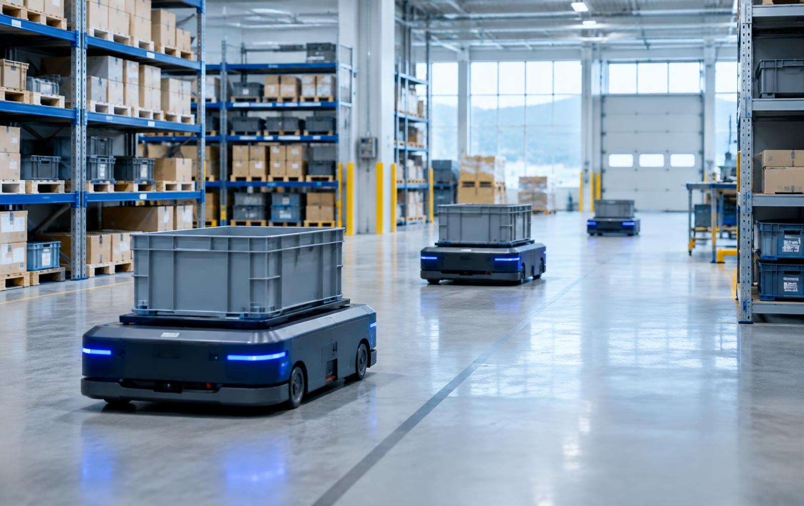 Autonomous mobile robots transporting materials in a modern warehouse