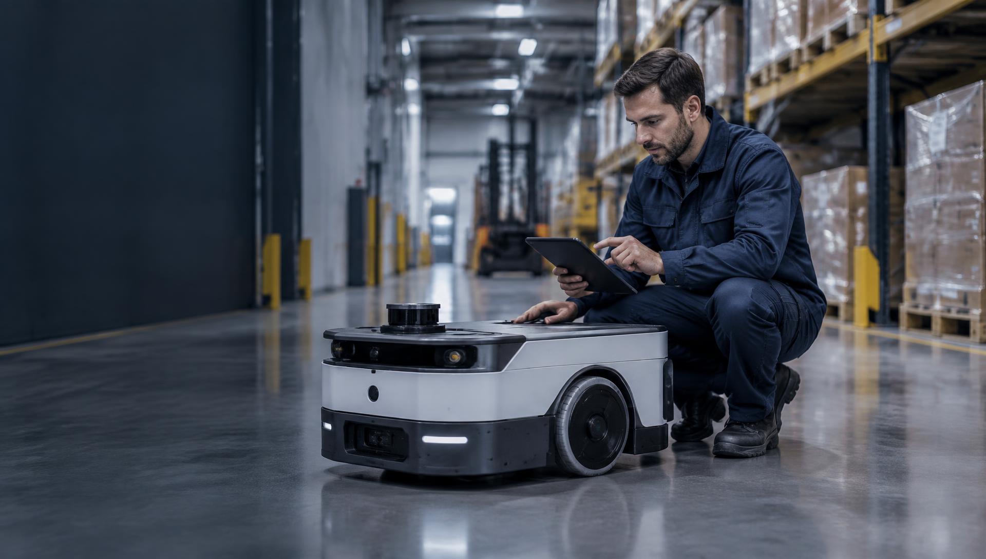 Field technician inspecting an autonomous mobile robot in a distribution center